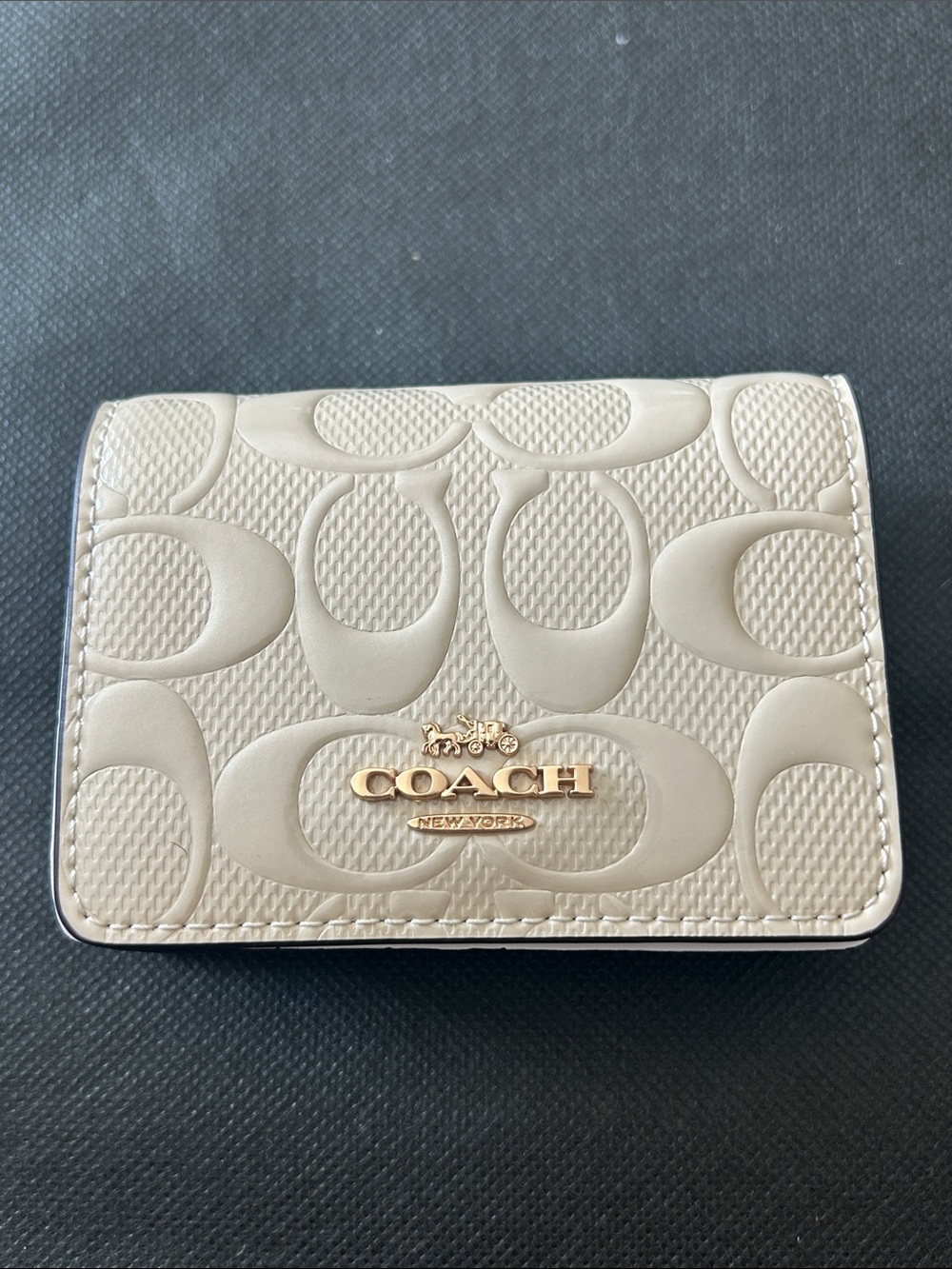 Coach Small Signature Card Case in Light Beige with Gold Logo